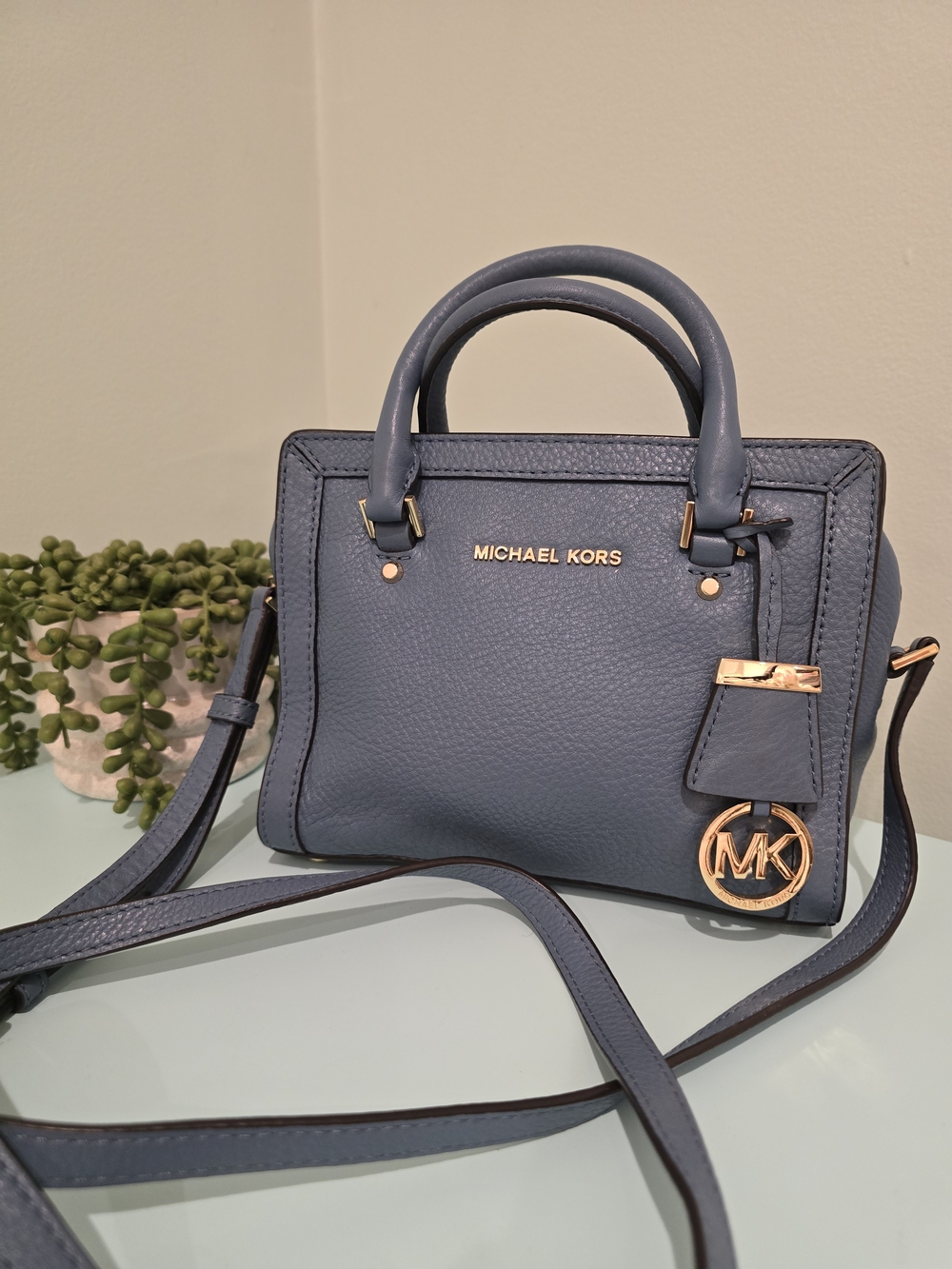 Michael Kors Slate Blue Pebbled Leather Mini Satchel with Gold Accents